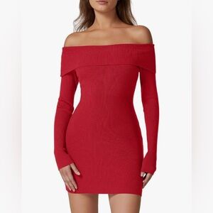 Off-Shoulder Red Ribbed Dress